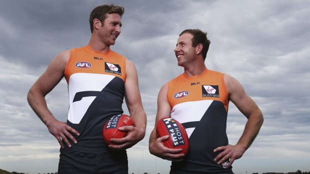 From G-Town to GWS: Former Geelong Cats duo Dawson Simpson and Steve Johnson in their new Giants strip.