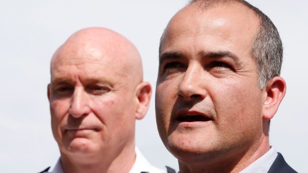 Acting Premier James Merlino (right) with Emergency Management Commissioner Craig Lapsley