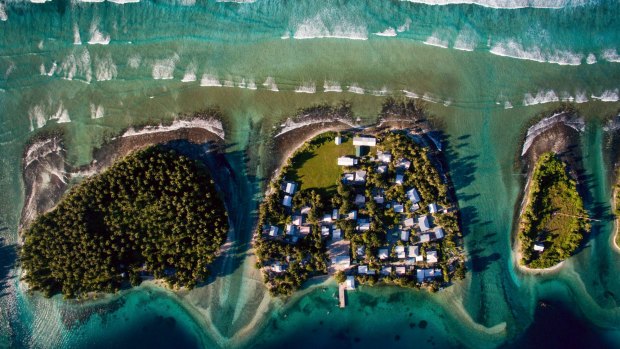 An overhead view of Ejit, of the Marshall Islands, where rising sea levels are already an inescapable part of daily life.