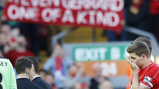 Emotional moment: Liverpool's Steven Gerrard leaves the field at Anfield for the last time.