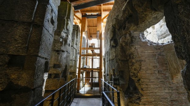 A reproduction of an elevator that was used to reach the arena from the newly restored lower level of the Colosseum.