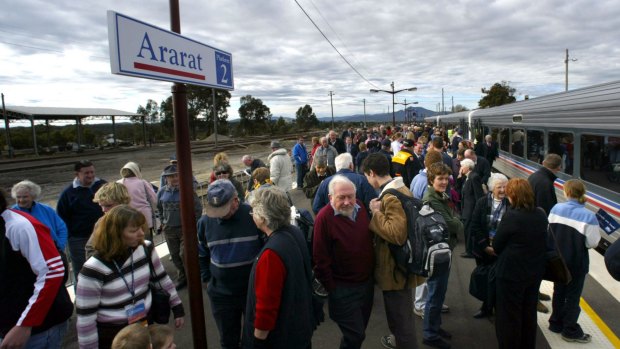Locals mark the restoration of train services between Ararat and Ballarat in 2004.