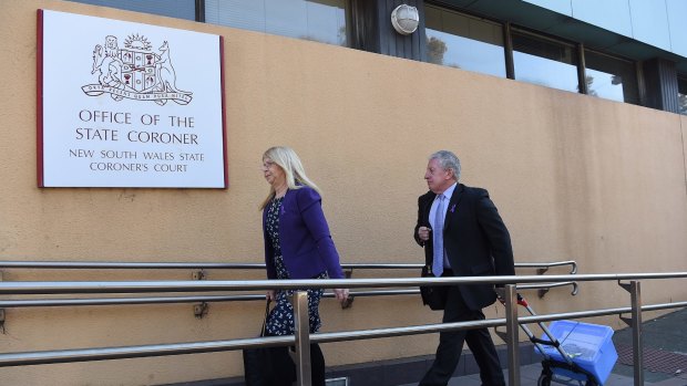 Parents Faye and Mark Leveson arrive at the Glebe Coroners Court.