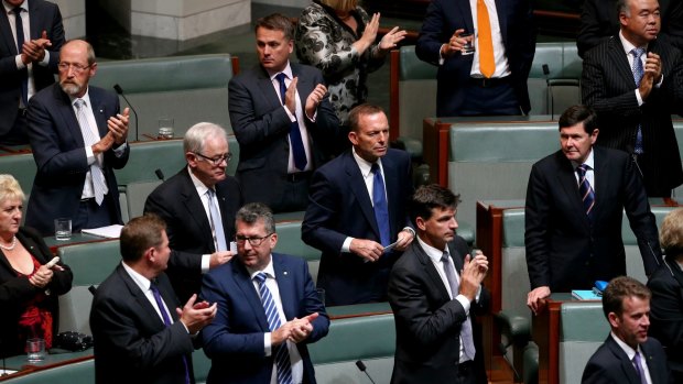 Former PM Tony Abbott after Treasurer Scott Morrison delivered the Budget speech on Tuesday. Photo: Alex Ellinghausen