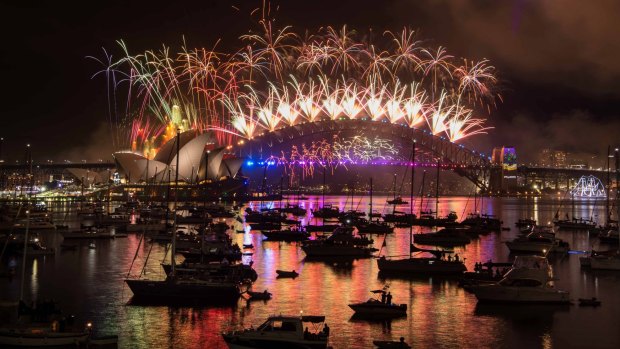 The New Year's Eve fireworks on Sydney Harbour, viewed from Mrs Macquarie's Chair.