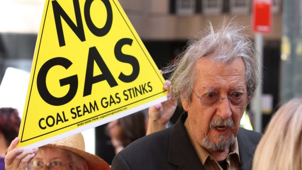 AGL's plans to produce more gas in NSW have come under heavy community fire. Australian actor Michael Caton supporting an anti-AGL coal seam gas protest.