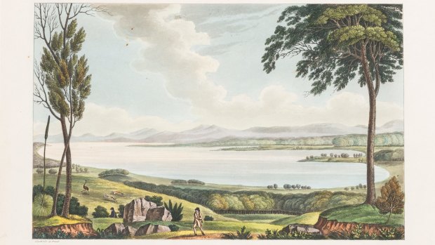 Collection selection D Clarke Joseph Lycett,View of Lake George, New South Wales, from the north east 1825, hand-coloured aquatint. CMAG, purchased 2014.
