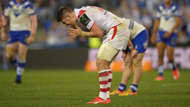 Fired up: Gareth Widdop of the Dragons reacts after kicking the ball out on the full.