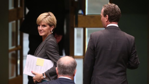 Foreign Minister Julie Bishop and Christopher Pyne leave the House of Representatives on Tuesday.