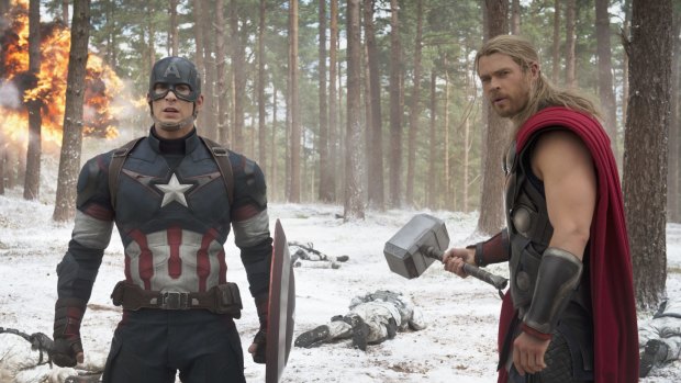 Chris Evans (left), seen with Chris Hemsworth in <i>Avengers: Age of Ultron</I>, is excited by the prospects of future Hollywood superhero team-ups. 