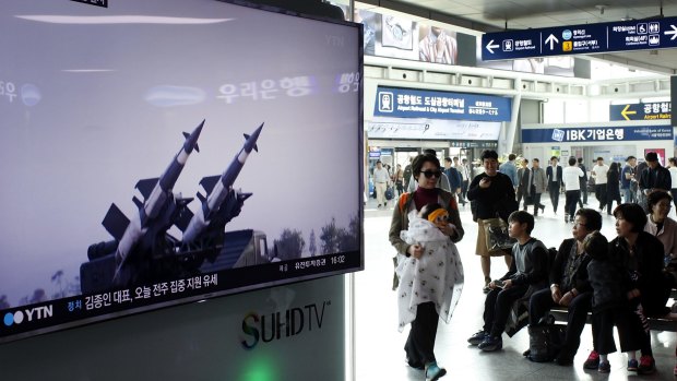 South Korean TV reports a North Korean surface-to-air missile launch into waters off its east coast on April 1.