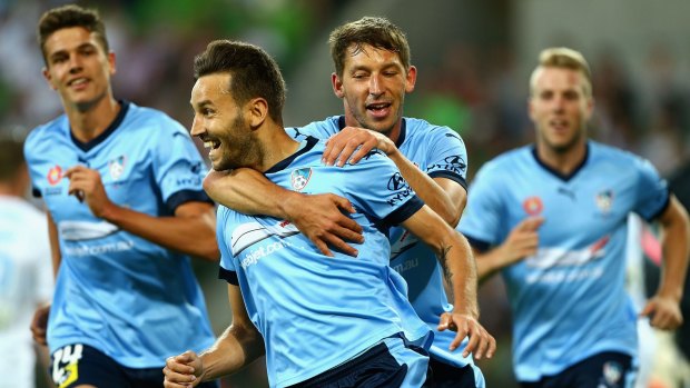 Back of the net: Milos Ninkovic celebrates after scoring a goal during the round 13 A-League match between Melbourne City FC and Sydney FC at AAMI Park.