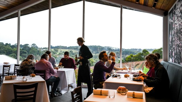 The dining room at Paringa Estate looks over the vines.