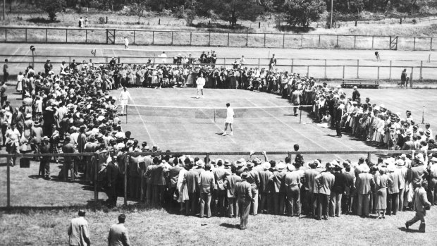 Glory days: Hoad and Rosewall practise at Kooyong before the 1953 Davis Cup final. 