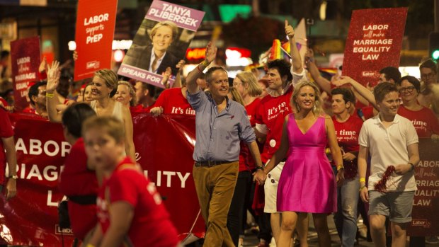 Mr Shorten with wife Chloe at the 2016 Gay and Lesbian Mardi Gras in March. 