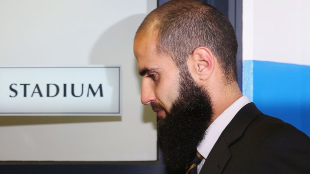 The Tigers' Bachar Houli arrives at AFL House for the appeals board hearing on Thursday. 