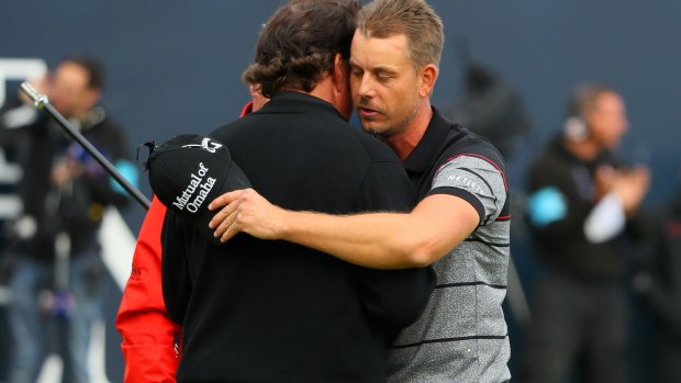 Henrik Stenson embraces Phil Mickelson on the 18th at Royal Troon.