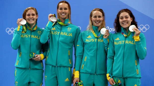 Health scare: Bronte Barratt (second from right) with Leah Neale, Emma McKeon and Tamsin Cook on the podium after the 4 x 200m Freestyle Relay Final.