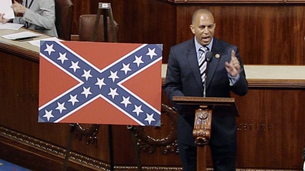 US Representative Hakeem Jeffries speaks against the Confederate flag being displayed at US federal cemeteries in the US House of Representatives in Washington.