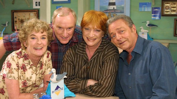 (L-R) Judy Nunn, Ray Meagher, the late Cornelia Frances and Norman Coburn on the long running Seven soap opera Home and Away.