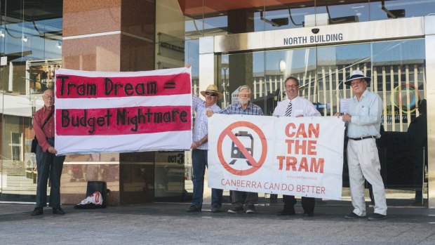 Members of the Can the Tram organisation in Civic Square on Thursday.

29 October 2015
Photo: Rohan Thomson
The Canberra Times
