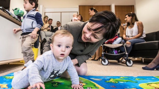 7.5 month old Harry Davies with his mother Tanya Davies, the Minister for Women.