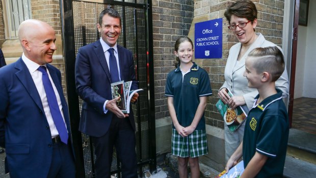 Education Minister Adrian Piccoli and NSW Premier Mike Baird at Crown Street Public School in March.