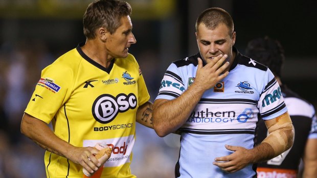 Heavy knock: Wade Graham leaves the field after a clash during the round four NRL match between the Cronulla Sharks and the Melbourne Storm at Southern Cross Group Stadium.