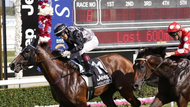 Tongue tied: Houtzen wins the Magic Millions at the Gold Coast in January.