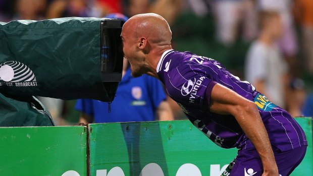 Ruben Zadkovich of the Glory celebrates after scoring an equaliser during the round 21 A-League match between the Perth Glory and the Wellington Phoenix.