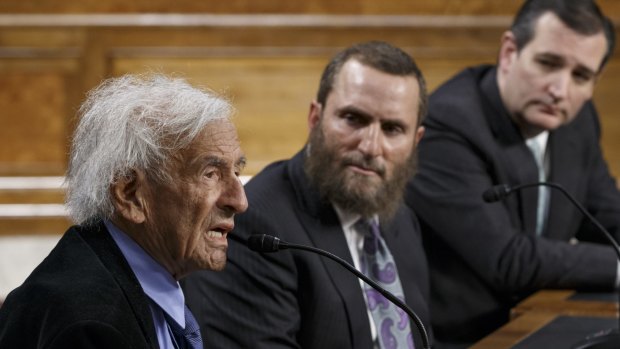 Rabbi Shmuley Boteach (centre) with Nobel peace laureate Elie Wiesel (left) and Republican senator Ted Cruz (right) at a dialogue entitled "The Meaning of Never Again: Guarding Against a Nuclear Iran" on Capitol Hill on Monday.