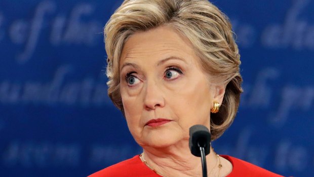 Hillary Clinton making a serious face in the second debate.