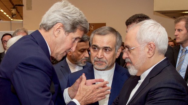 US Secretary of State John Kerry with Hossein Fereydoun, the brother of Iranian President Hassan Rouhani, and Iranian Foreign Minister Javad Zarif, before announcing the deal.