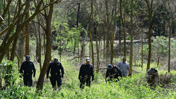 Police search the bushland of Fred Caterson Recreation Reserve in Castle Hill for the murder weapon used in the death of Xun Ke. 