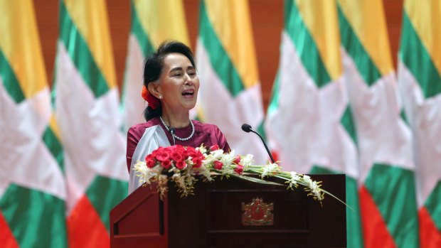 Myanmar's State Counsellor Aung San Suu Kyi delivers a televised speech to the nation in Naypyitaw on Tuesday.