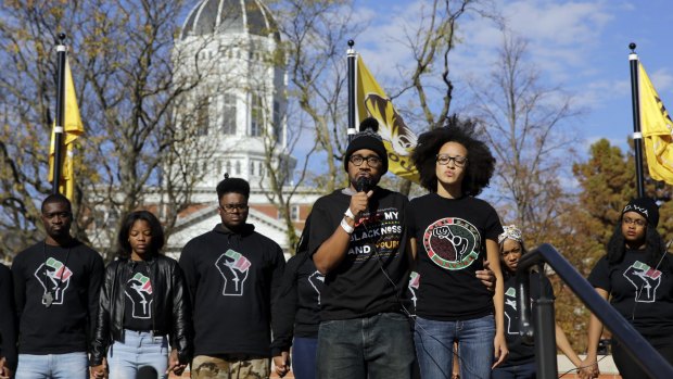 Jonathan Butler addresses students on Monday following the announcement that University of Missouri president Tim Wolfe would resign.