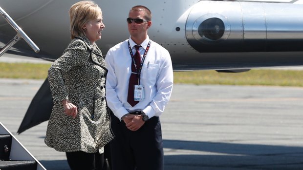 Democratic presidential candidate Hillary Clinton steps from her campaign plane as she arrives in Nantucket, Massachusetts, en route to a fundraiser.  