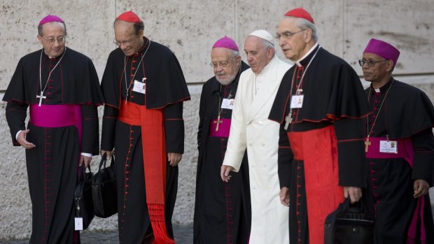 Pope Francis, flanked by bishops and cardinals, arrives for the afternoon session of the last day of the synod of bishops on Saturday.