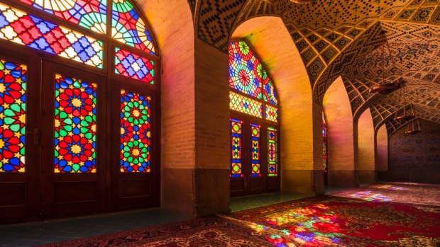 Interior windows of Nasir al-Mulk, a traditional mosque in Shiraz, Iran. It was built during the Qajar era (1888). 