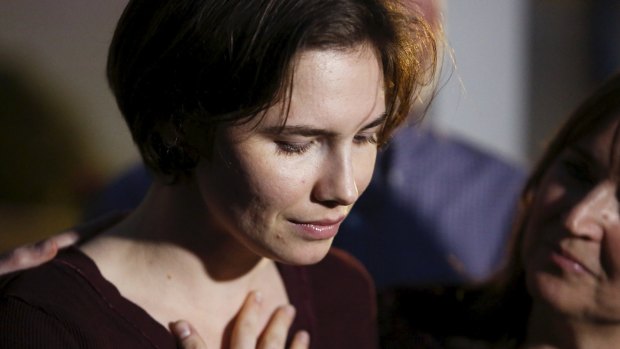 Emotional: Amanda Knox speaks to the media following her acquittal. 