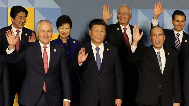 Leaders at the APEC summit in the Philippines in November, from left: Japanese PM Shinzo Abe, Australian PM Malcolm Turnbull,  South Korea President Park Geun-hye, Chinese President Xi Jinping, Malaysian PM Najib Razak, Philippines President Benigno Aquino III and Mexican President Enrique Pena Nieto.