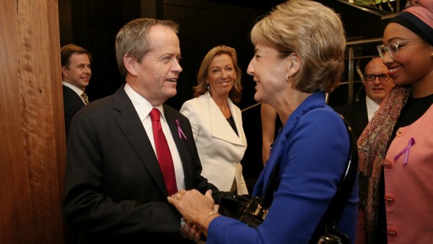 Opposition Leader Bill Shorten greets Senator Michaela Cash, Minister Assisting the Prime Minister for Women, at the National Press Club on Wednesday.