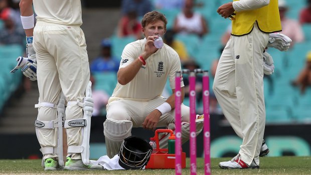 England's Joe Root has a drink of water at the SCG on Monday.