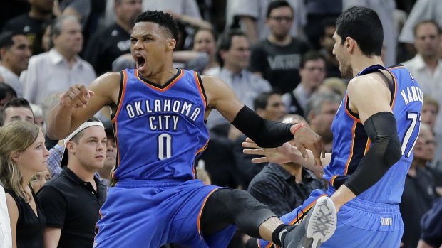 Thunder guard Russell Westbrook celebrates scoring in the dying seconds.