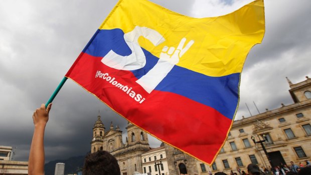 A supporter of the peace deal signed between the Colombian government and rebels of the Revolutionary Armed Forces of Colombia, FARC, wave a flag during a rally in front of Congress, in Bogota on Monday.