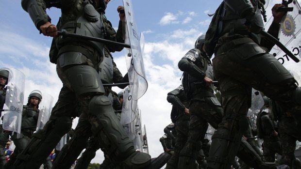 Brazilian soldiers take part in an exercise drill as they train to provide security for the Rio 2016 Olympic Games.