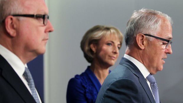 Prime Minister Malcolm Turnbull, Minister for Employment, Senator Michaelia Cash, and Attorney-General Senator George Brandis address the media after the release of the final report from the Royal Commission into Trade Union Governance and Corruption in Sydney.