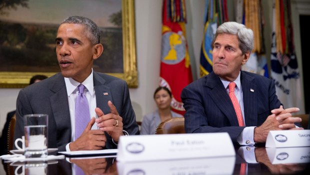 US President Barack Obama and Secretary of State John Kerry at a meeting last week. The Pentagon said it is open to talking to Russia about the situation in Syria.