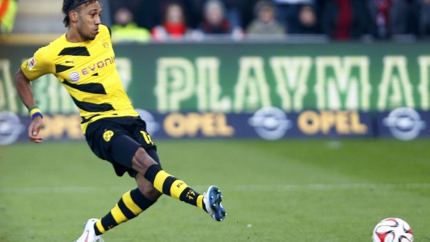 To the double: Borussia Dortmund's Pierre-Emerick Aubameyang scores.