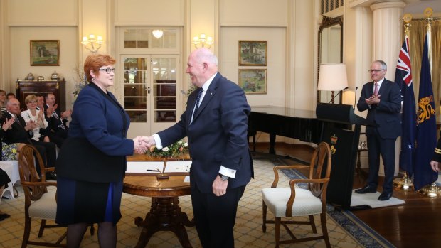 Senator Marise Payne is sworn in as Minister for Defence by Governor-General Sir Peter Cosgrove.